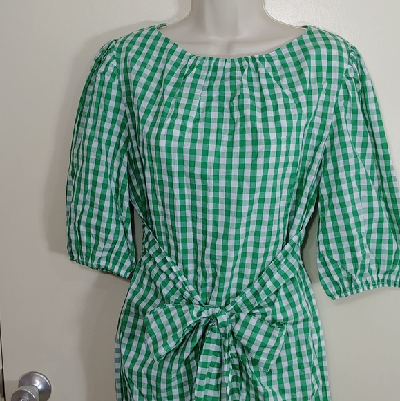 Womens Casual Plaid Crewneck Lantern Sleeve Wrap Tie Waist Party Short MiniDress - Picture 8 of 14